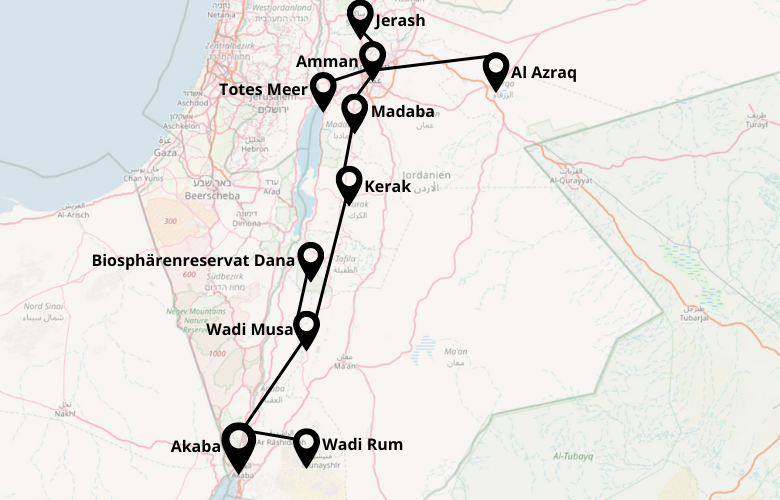 Road Trip Jordanien Reiseroute Karte Map Plan